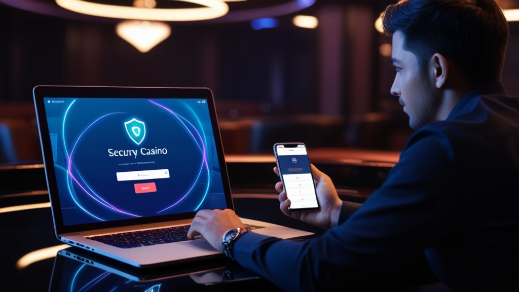 Laptop und Smartphone mit Login-Maske in dunkler Casino-Atmosphäre