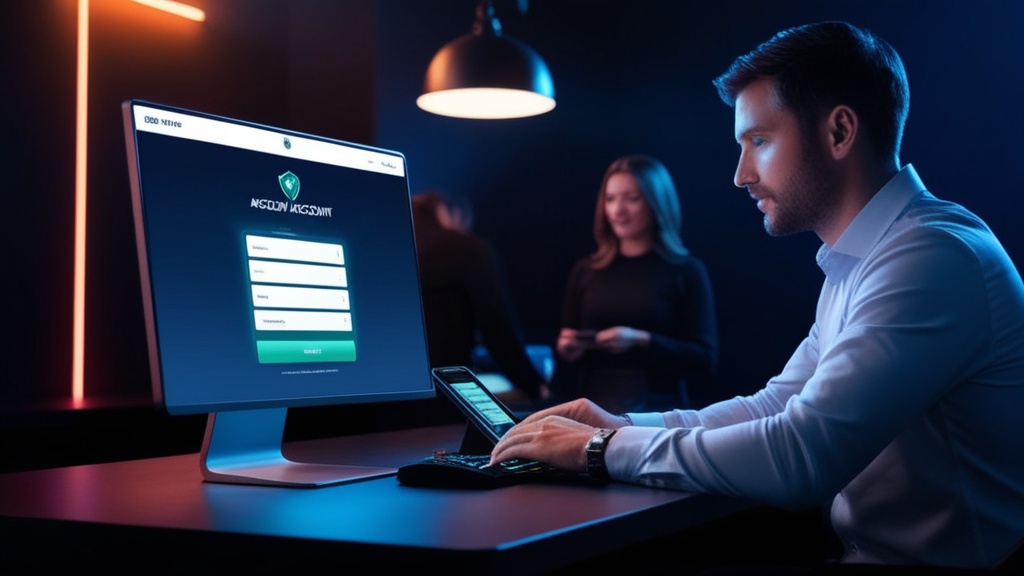 Registrierungsformular am Monitor in einer dunklen Casino-Szene